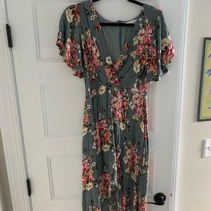 V-Neck Floral Blue Maxi Dress